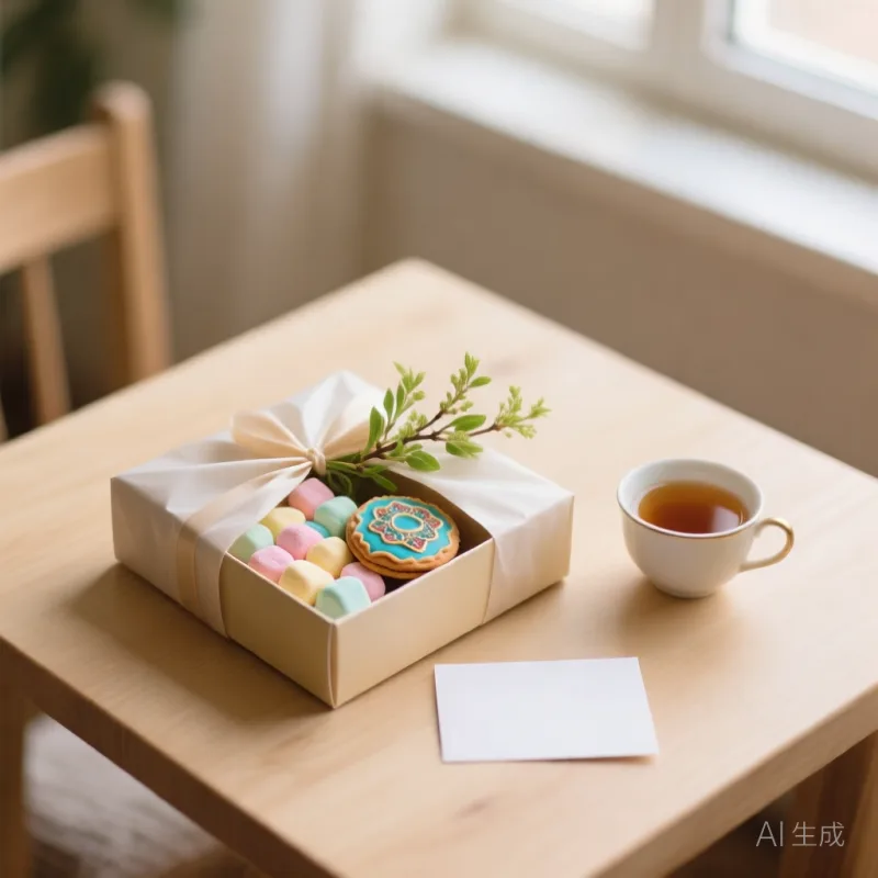 هدیه نوروزی بسته‌بندی‌شده با مارشمالو، شیرینی و چای در کنار سبزه بهاری روی میز چوبی