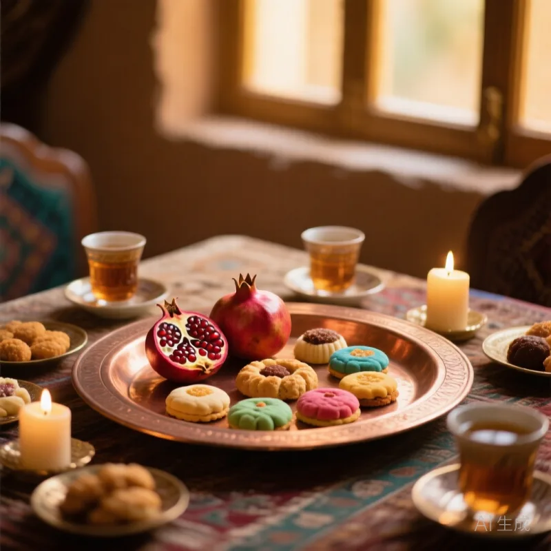 سفره‌ی سنتی جشن ایرانی با ظرف مسی شیرینی‌های رنگارنگ، انار و استکان چای در نور گرم