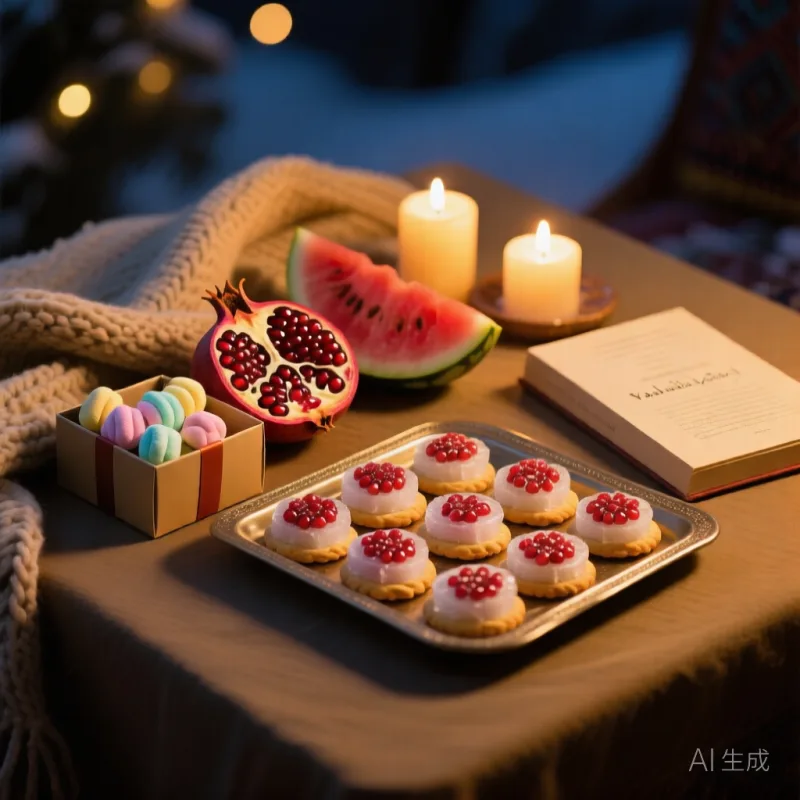 میز گرم شب یلدا با سینی کوکی‌های نقش انار، مارشمالوهای رنگی، انار و هندوانه کنار کتاب شعر و شمع